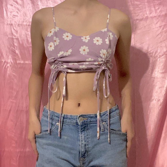 Y2K Floral Purple Tied Crop Top - Picture 2 of 4